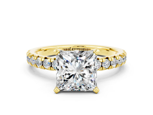 Yellow gold Princess Cut Moissanite Solitaire Pavé Engagement Ring with Round Band and Prong Setting