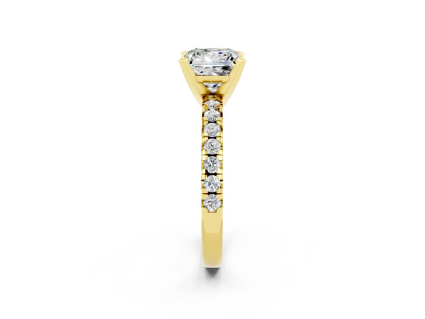 Yellow gold Princess Cut Moissanite Solitaire Pavé Engagement Ring with Round Band and Prong Setting