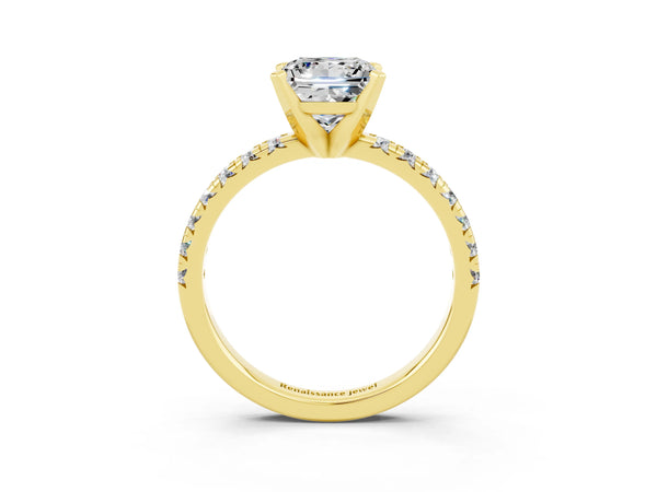 Yellow gold Princess Cut Moissanite Solitaire Pavé Engagement Ring with Round Band and Prong Setting