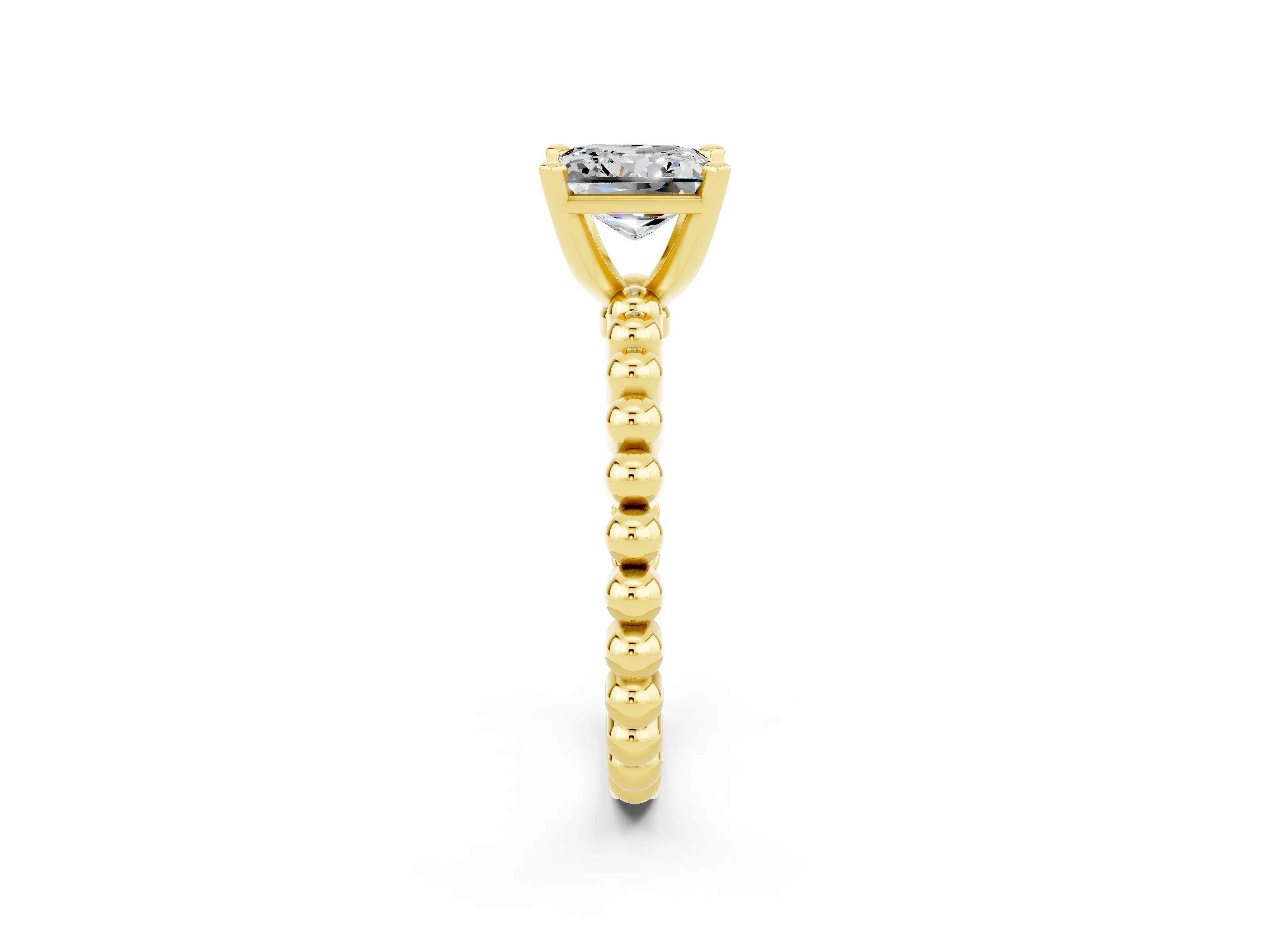 Yellow gold Princess Cut Moissanite Solitaire Ring with Beaded Band and Prong Setting_2