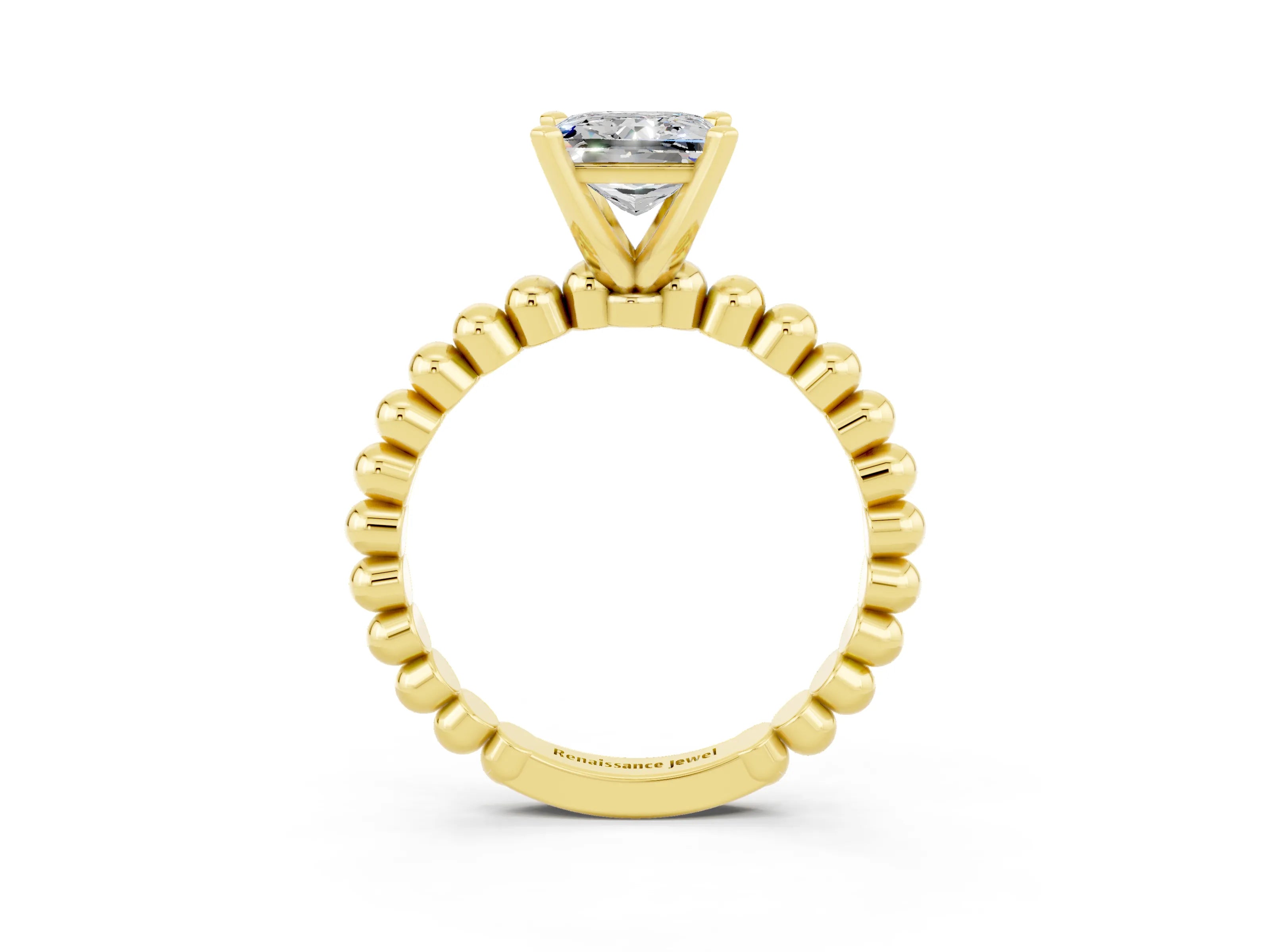 Yellow gold Princess Cut Moissanite Solitaire Ring with Beaded Band and Prong Setting_3