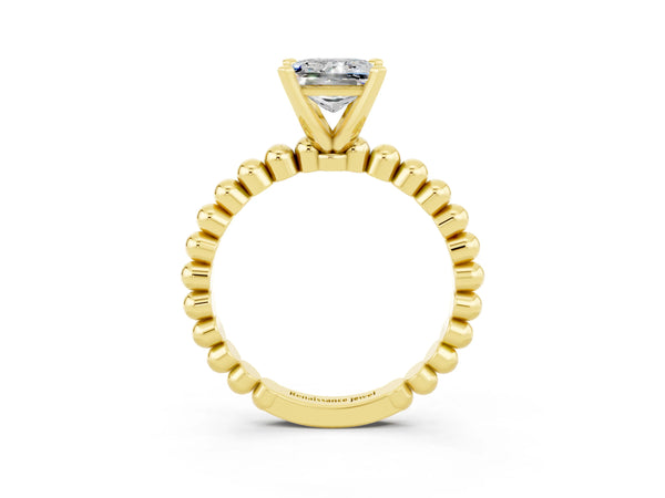 Yellow gold Princess Cut Moissanite Solitaire Ring with Beaded Band and Prong Setting