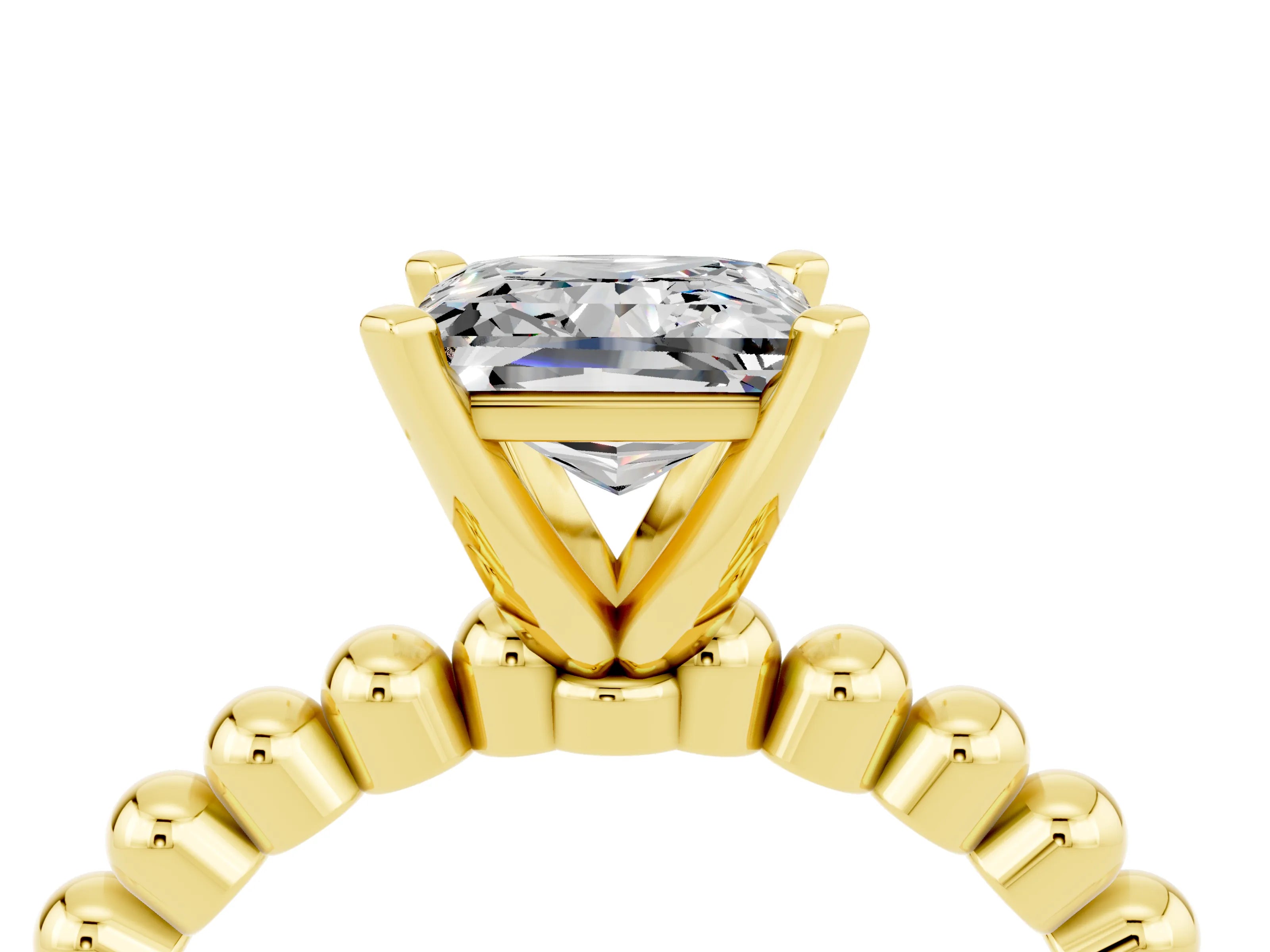 Yellow gold Princess Cut Moissanite Solitaire Ring with Beaded Band and Prong Setting_4