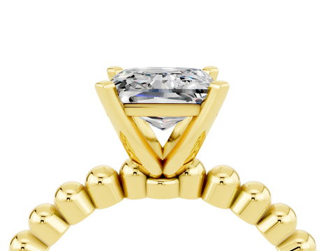 Yellow gold Princess Cut Moissanite Solitaire Ring with Beaded Band and Prong Setting_4