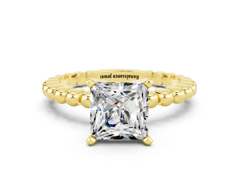 Yellow gold Princess Cut Moissanite Solitaire Ring with Beaded Band and Prong Setting