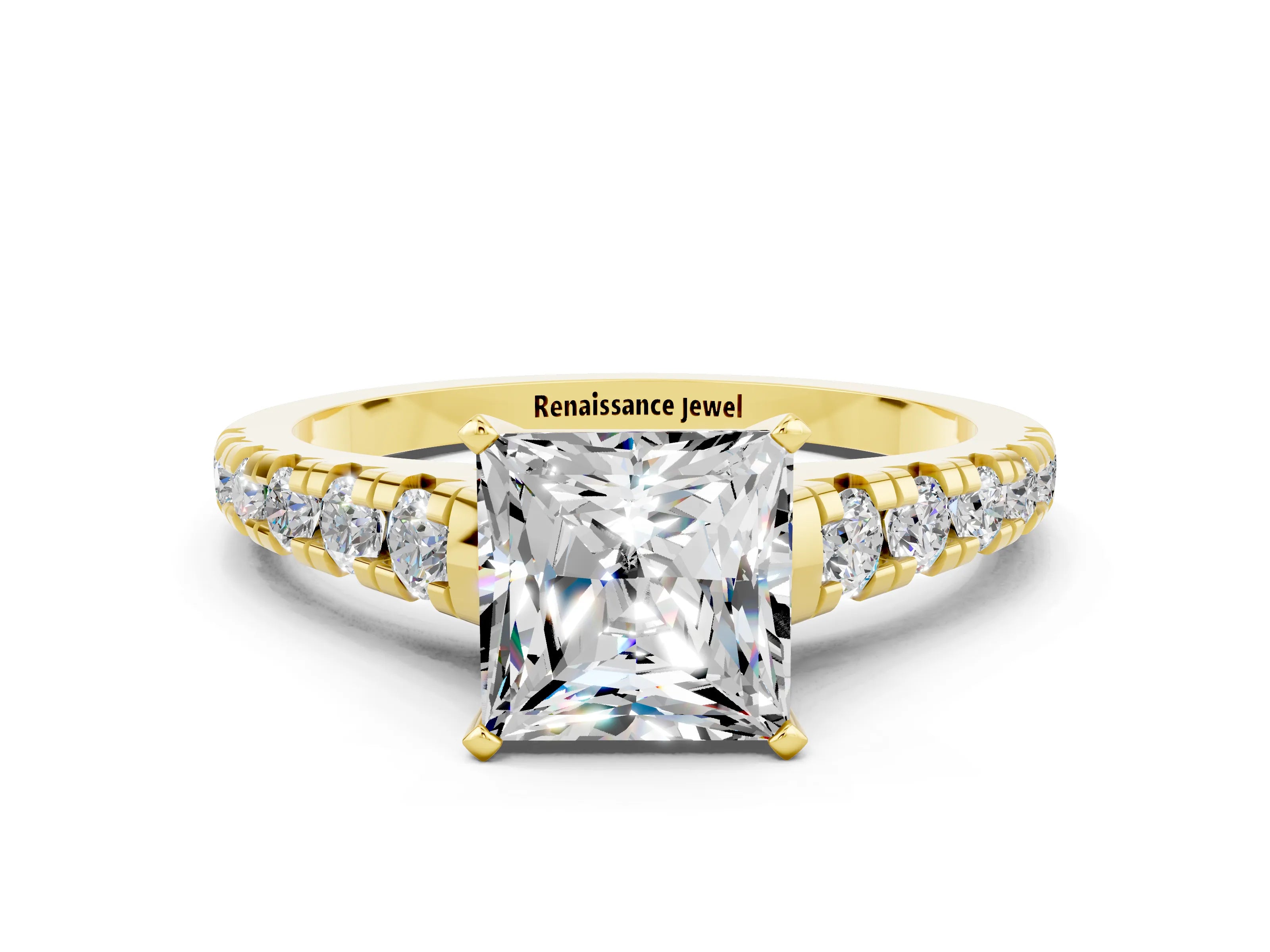 Yellow gold Princess Cut Moissanite Solitaire Ring with Cathedral Setting and Pavé Band