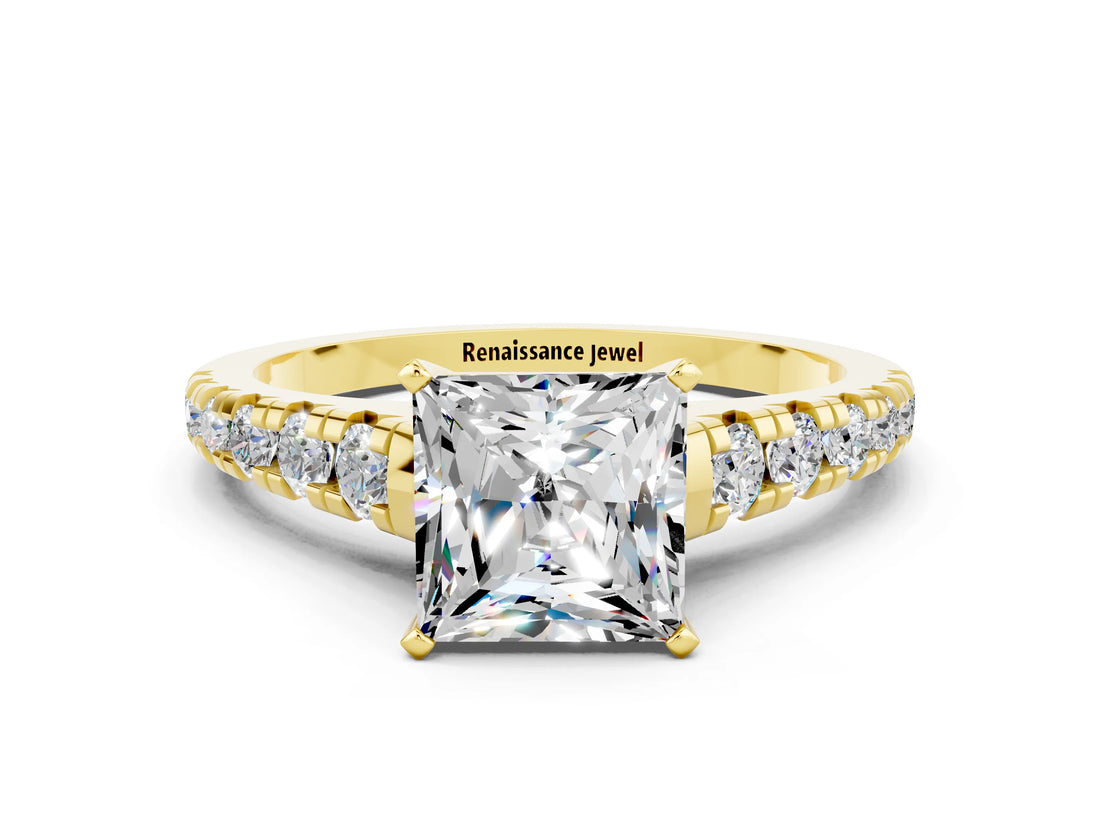 Yellow gold Princess Cut Moissanite Solitaire Ring with Cathedral Setting and Pavé Band