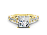 Yellow gold Princess Cut Moissanite Solitaire Ring with Cathedral Setting and Pavé Band