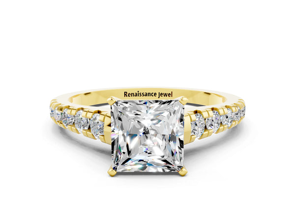 Yellow gold Princess Cut Moissanite Cathedral Solitaire Ring with Round  Pavé Band