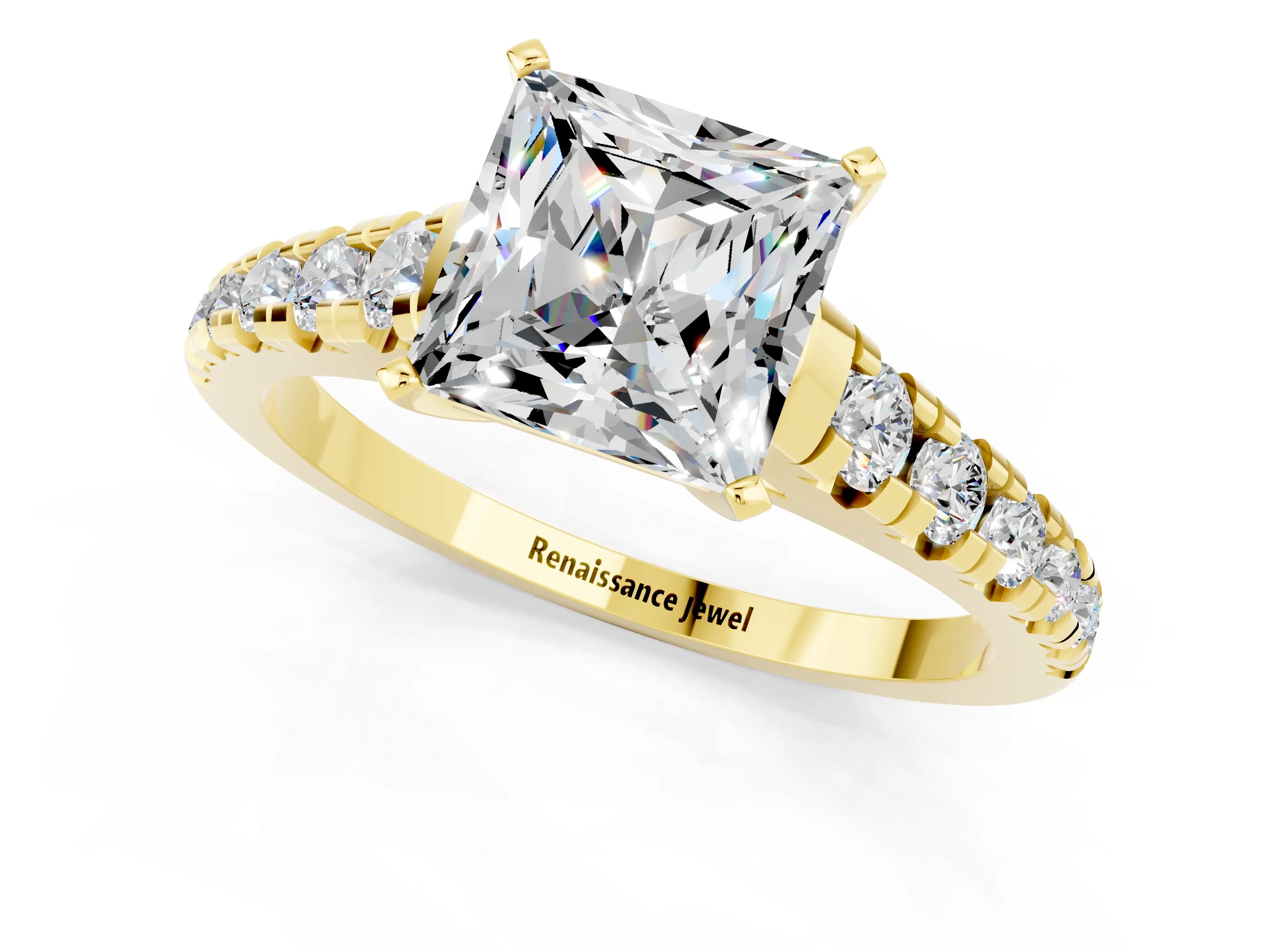 Yellow gold Princess Cut Moissanite Solitaire Ring with Cathedral Setting and Pavé Band_1