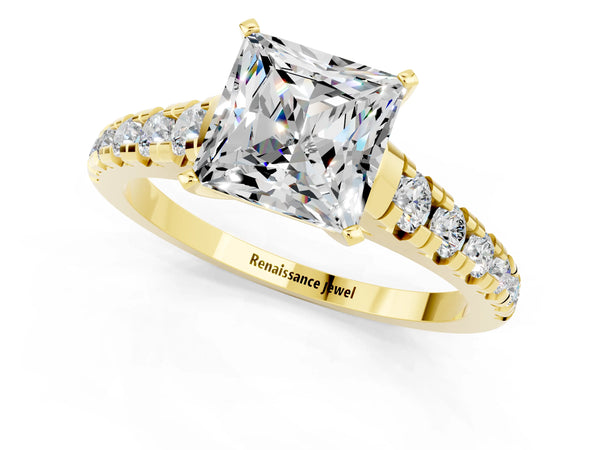 Yellow gold Princess Cut Moissanite Cathedral Solitaire Ring with Round  Pavé Band