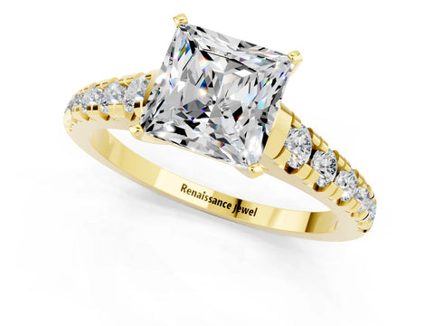 Yellow gold Princess Cut Moissanite Solitaire Ring with Cathedral Setting and Pavé Band_1