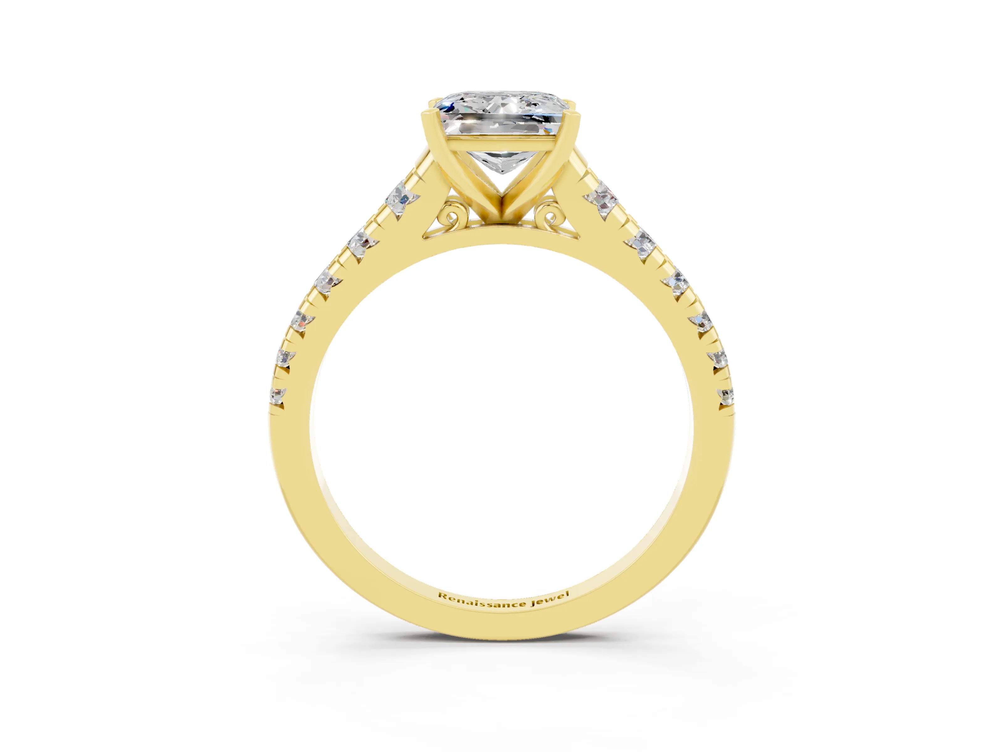 Yellow gold Princess Cut Moissanite Solitaire Ring with Cathedral Setting and Pavé Band_3