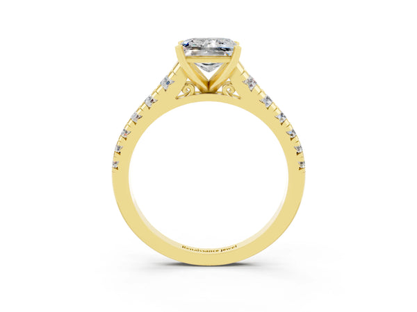 Yellow gold Princess Cut Moissanite Cathedral Solitaire Ring with Round  Pavé Band
