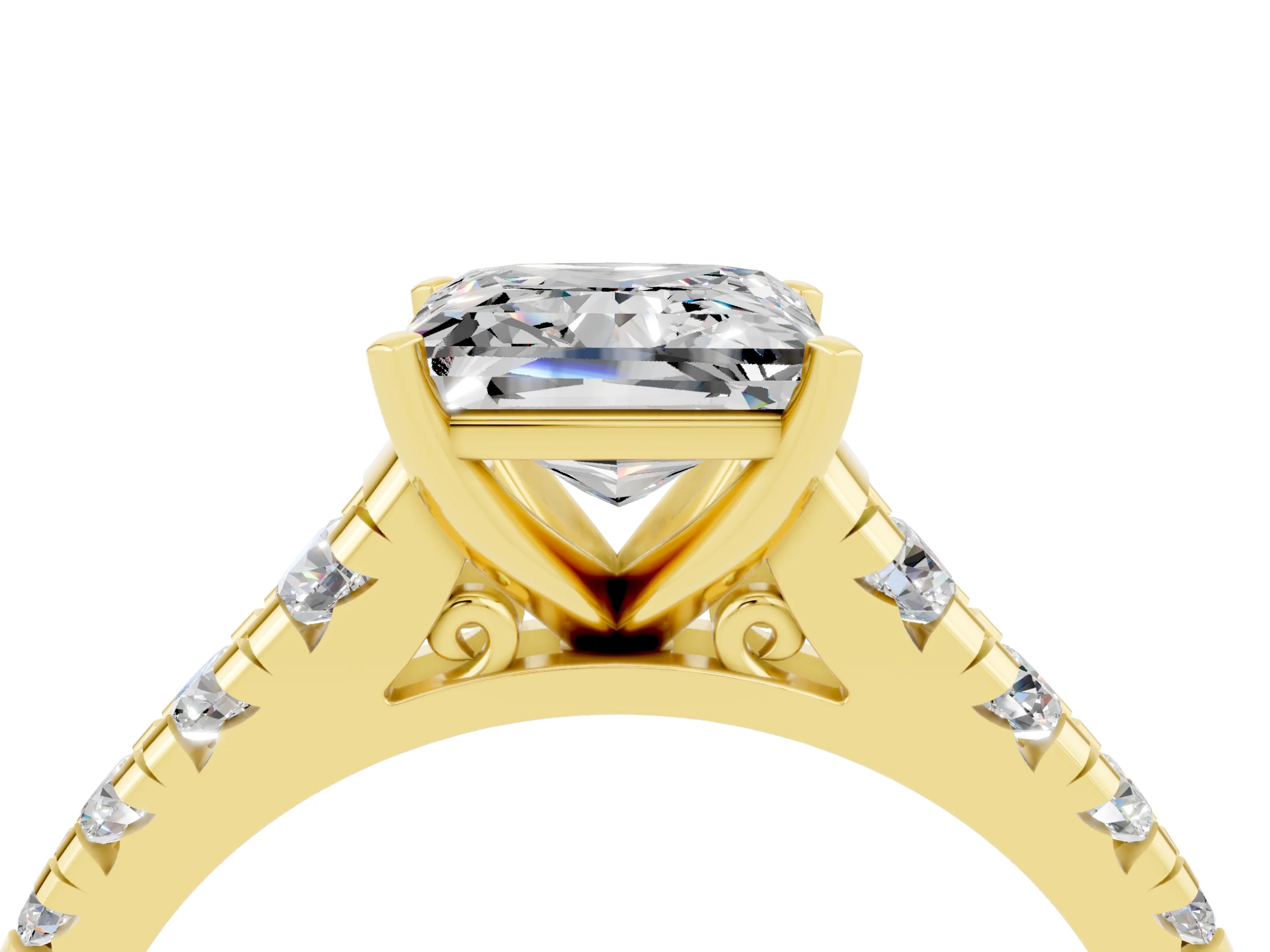 Yellow gold Princess Cut Moissanite Solitaire Ring with Cathedral Setting and Pavé Band_4