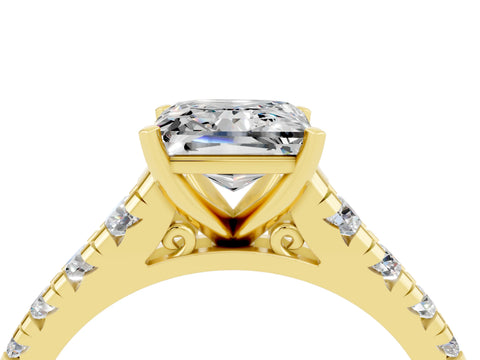 Yellow gold Princess Cut Moissanite Solitaire Ring with Cathedral Setting and Pavé Band_4