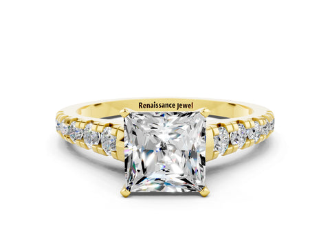 Yellow gold Princess Cut Moissanite Solitaire Ring with Cathedral Setting and Pavé Band