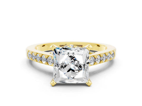 Yellow gold Princess Cut Moissanite Solitaire Ring with Crossover Gallery and Round  Pavé Band