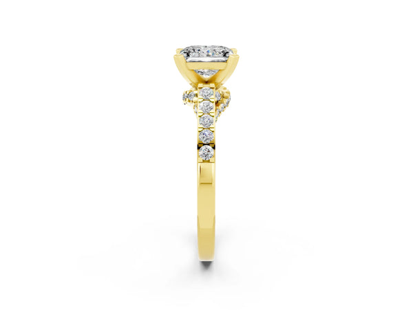 Yellow gold Princess Cut Moissanite Solitaire Ring with Crossover Gallery and Round  Pavé Band