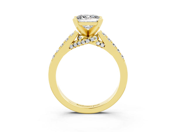 Yellow gold Princess Cut Moissanite Solitaire Ring with Crossover Gallery and Round  Pavé Band