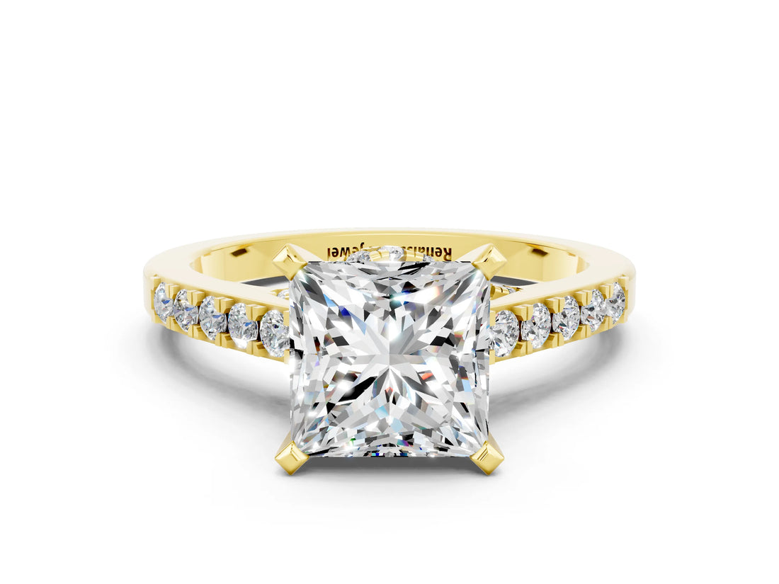 Yellow gold Princess Cut Moissanite Solitaire Ring with Crossover Gallery and Round  Pavé Band_36