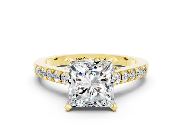 Yellow gold Princess Cut Moissanite Solitaire Ring with Crossover Gallery and Round  Pavé Band