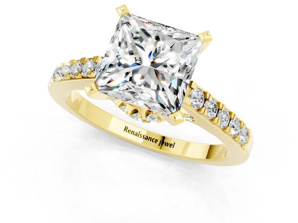 Yellow gold Princess Cut Moissanite Solitaire Ring with Crossover Gallery and Round  Pavé Band