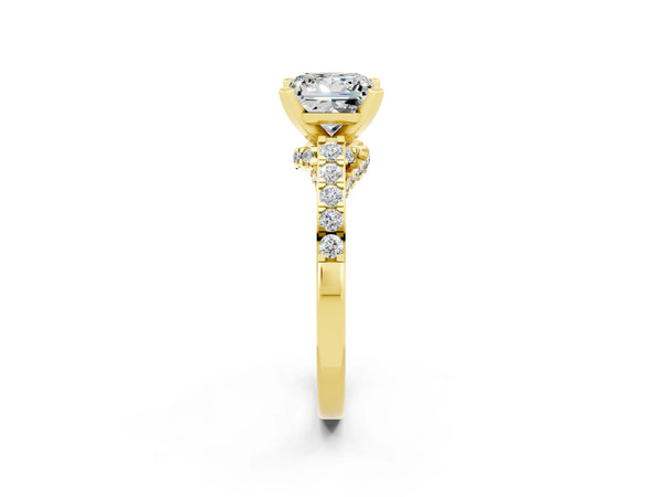 Yellow gold Princess Cut Moissanite Solitaire Ring with Crossover Gallery and Round  Pavé Band