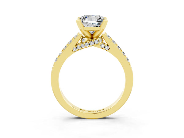 Yellow gold Princess Cut Moissanite Solitaire Ring with Crossover Gallery and Round  Pavé Band