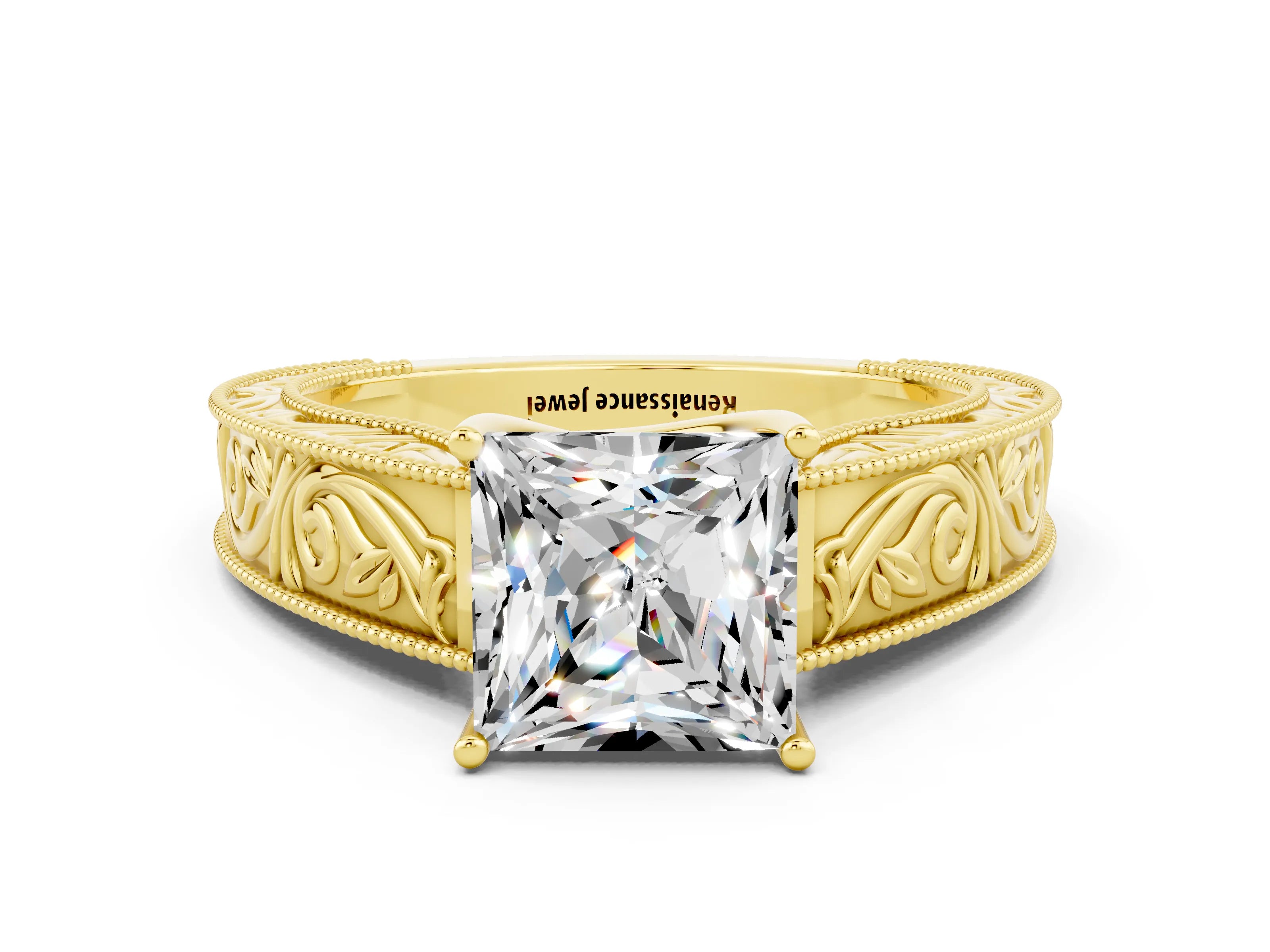 Yellow gold Princess Cut Moissanite Solitaire Ring with Engraved Band and Four-Prong Setting