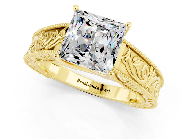 Yellow gold Princess Cut Moissanite Solitaire Ring with Engraved Band and Four-Prong Setting