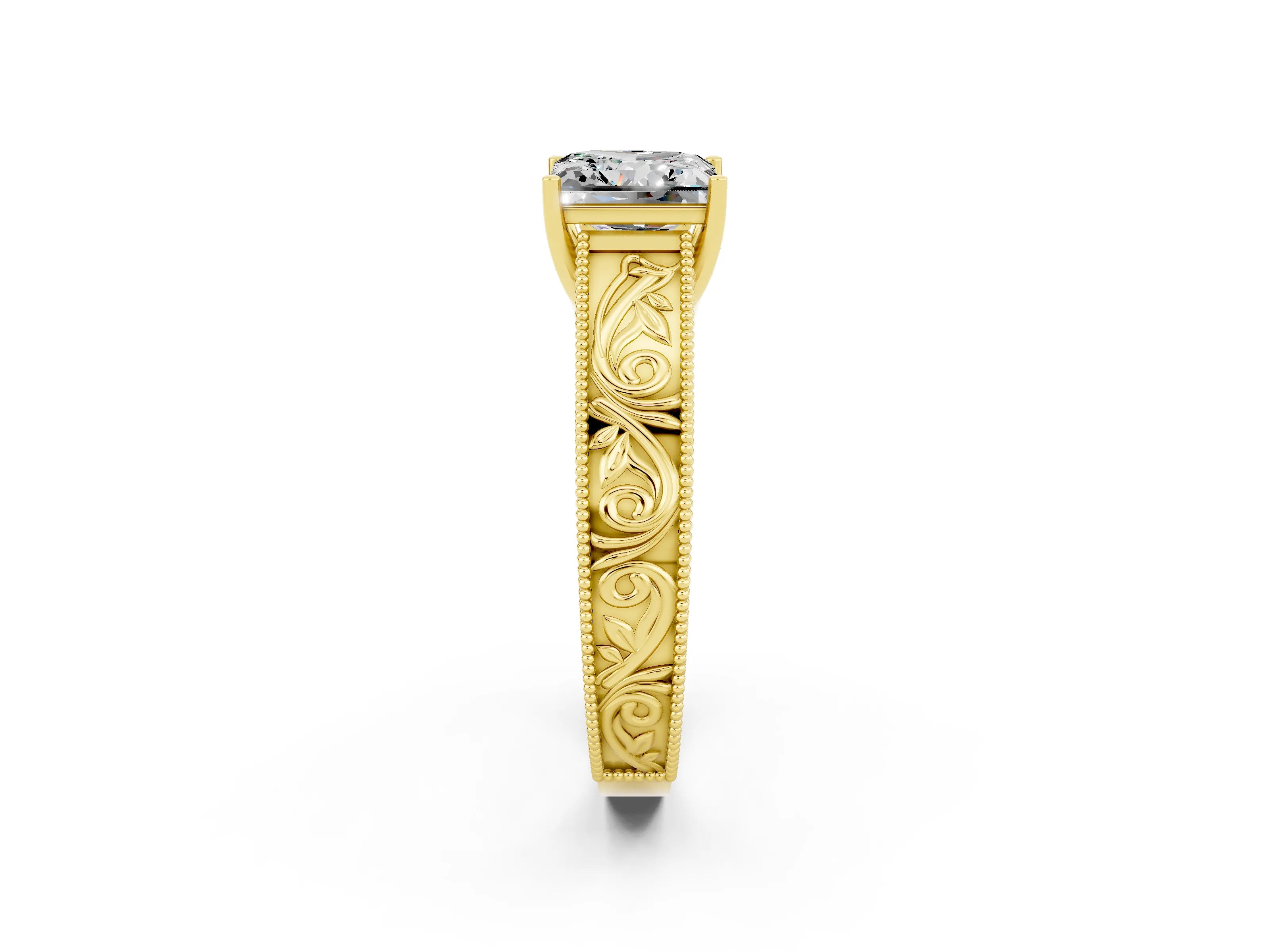 Yellow gold Princess Cut Moissanite Solitaire Ring with Engraved Band and Four-Prong Setting_2