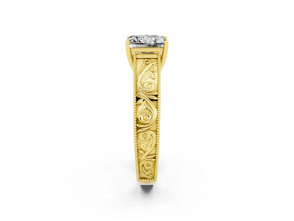 Yellow gold Princess Cut Moissanite Solitaire Ring with Engraved Band and Four-Prong Setting