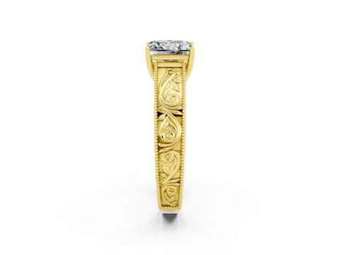 Yellow gold Princess Cut Moissanite Solitaire Ring with Engraved Band and Four-Prong Setting_2