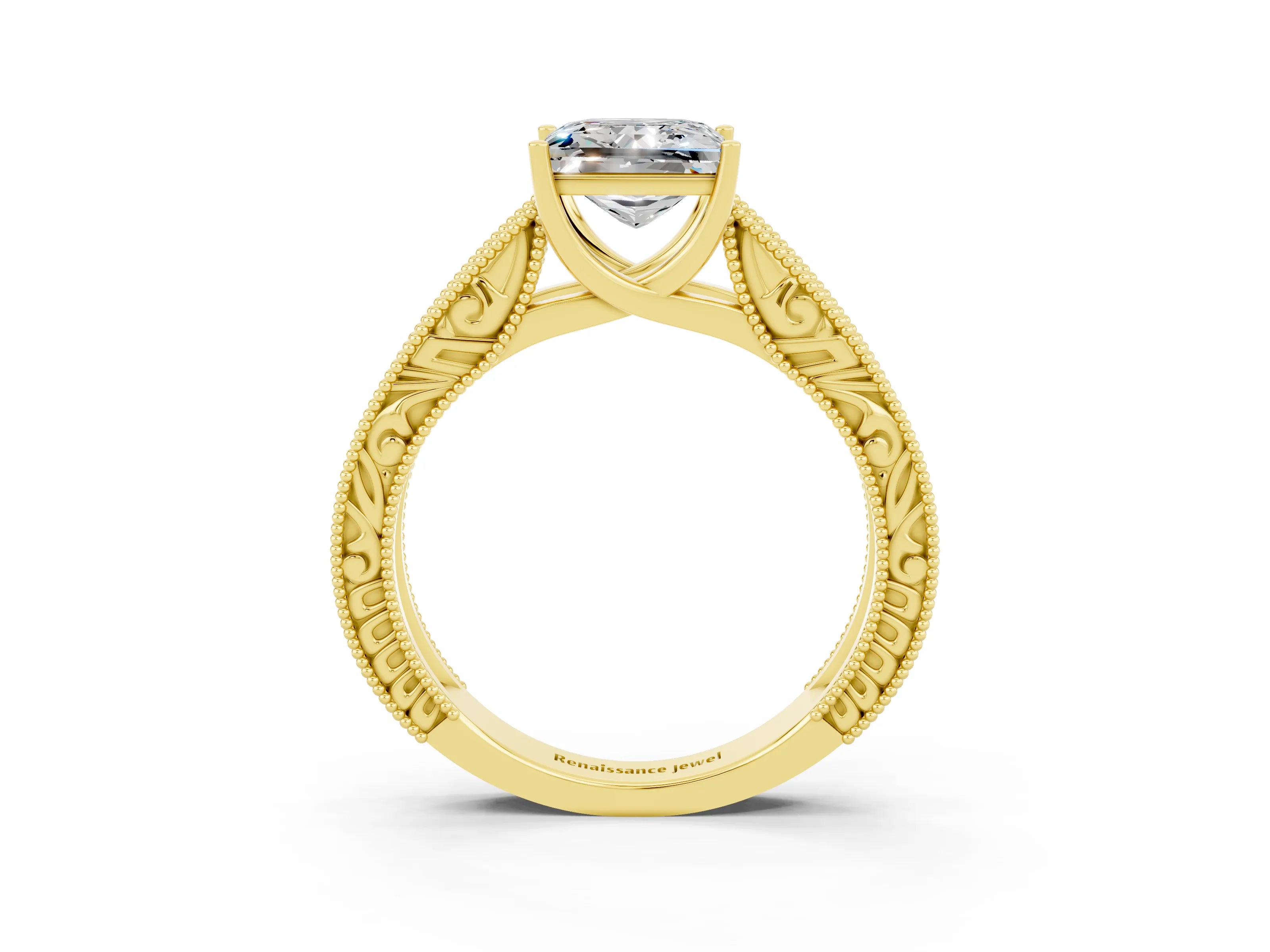 Yellow gold Princess Cut Moissanite Solitaire Ring with Engraved Band and Four-Prong Setting_3