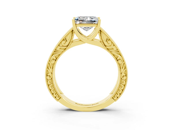 Yellow gold Princess Cut Moissanite Solitaire Ring with Engraved Band and Four-Prong Setting