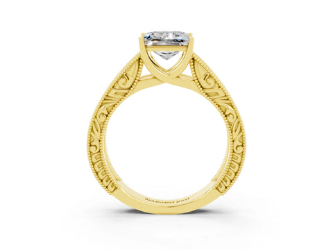 Yellow gold Princess Cut Moissanite Solitaire Ring with Engraved Band and Four-Prong Setting_3