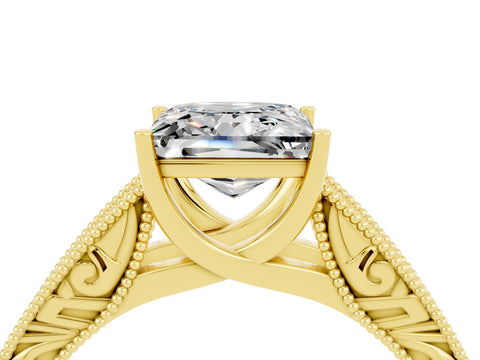 Yellow gold Princess Cut Moissanite Solitaire Ring with Engraved Band and Four-Prong Setting_4
