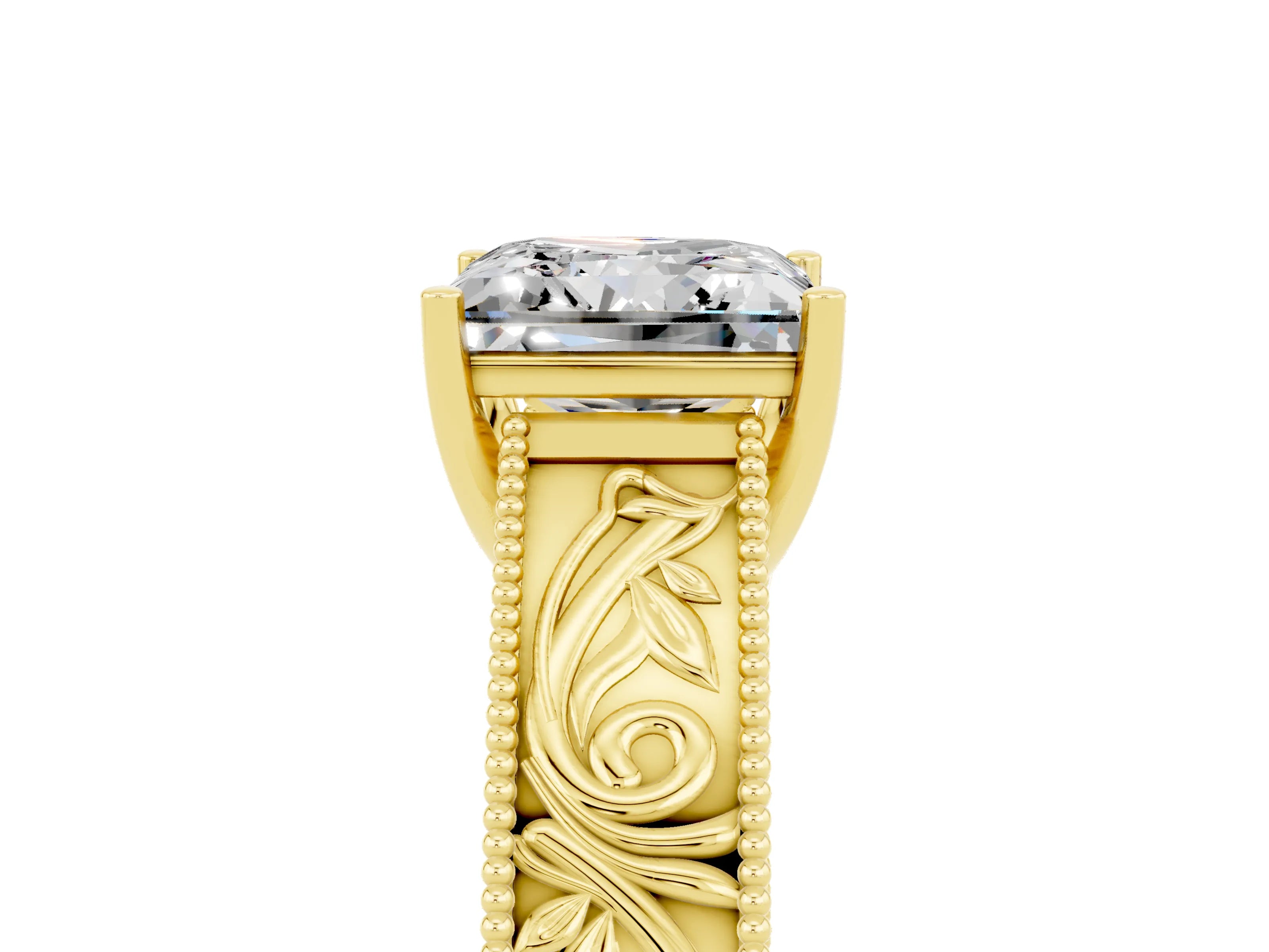 Yellow gold Princess Cut Moissanite Solitaire Ring with Engraved Band and Four-Prong Setting_5