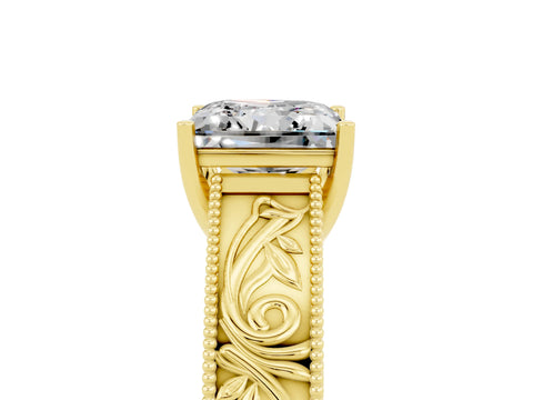 Yellow gold Princess Cut Moissanite Solitaire Ring with Engraved Band and Four-Prong Setting_5