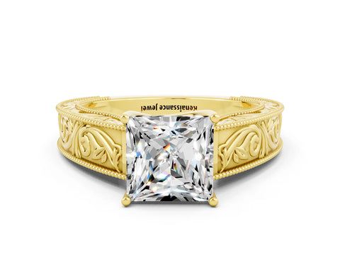 Yellow gold Princess Cut Moissanite Solitaire Ring with Engraved Band and Four-Prong Setting