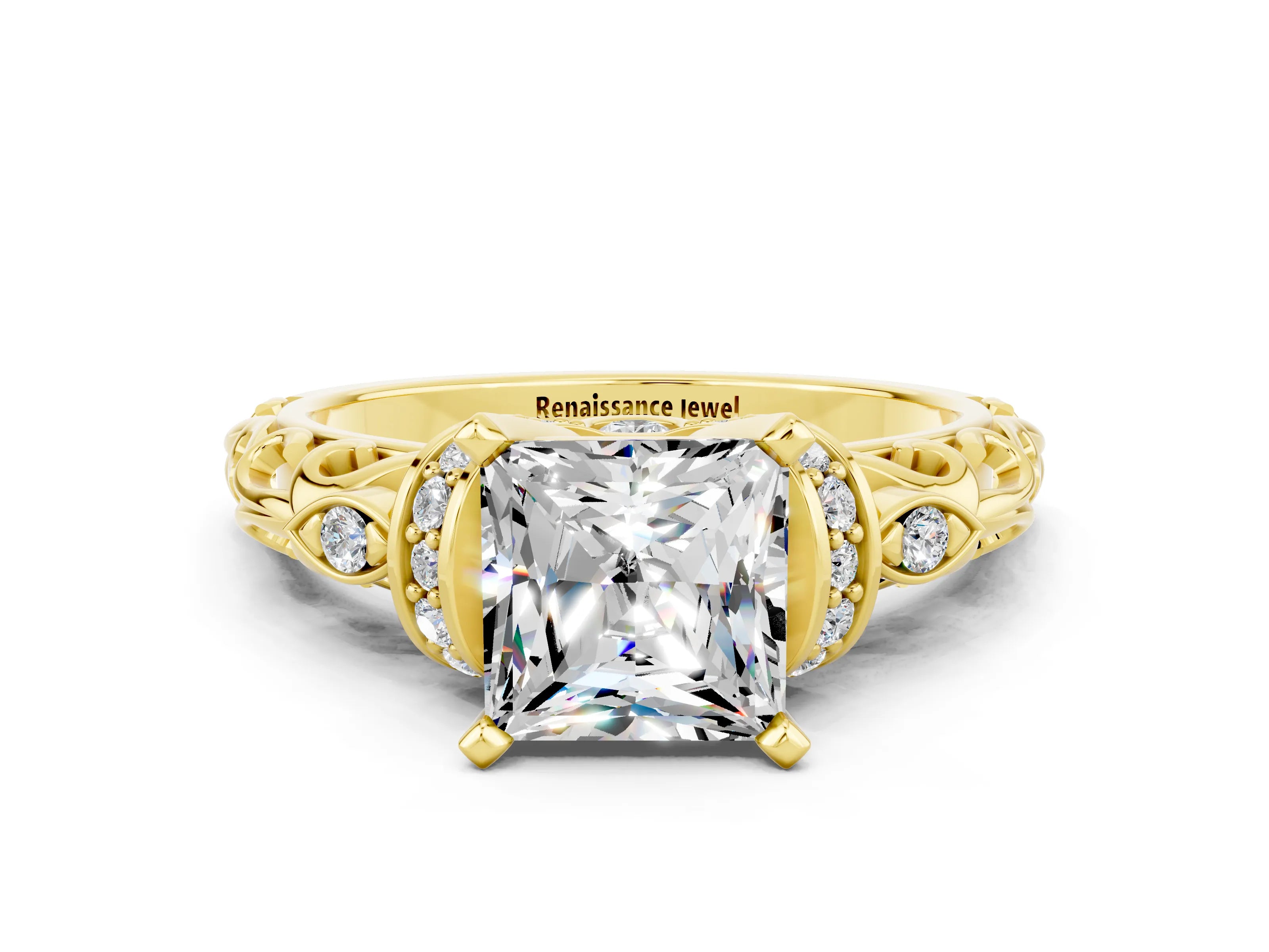 Yellow gold Princess Cut Moissanite Solitaire Ring with Filigree Band and Four-Prong Setting_24