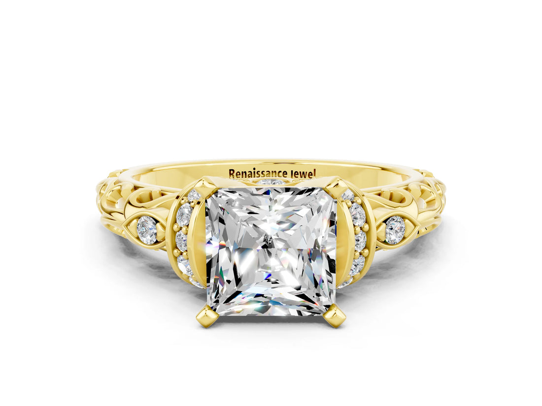 Yellow gold Princess Cut Moissanite Solitaire Ring with Filigree Band and Four-Prong Setting_24