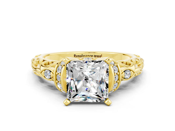 Yellow gold Princess Cut Moissanite Solitaire Ring with Filigree Band and Four-Prong Setting