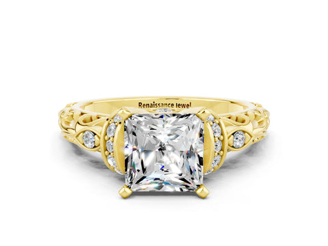 Yellow gold Princess Cut Moissanite Solitaire Ring with Filigree Band and Four-Prong Setting_24