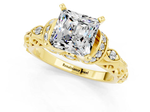 Yellow gold Princess Cut Moissanite Solitaire Ring with Filigree Band and Four-Prong Setting_25