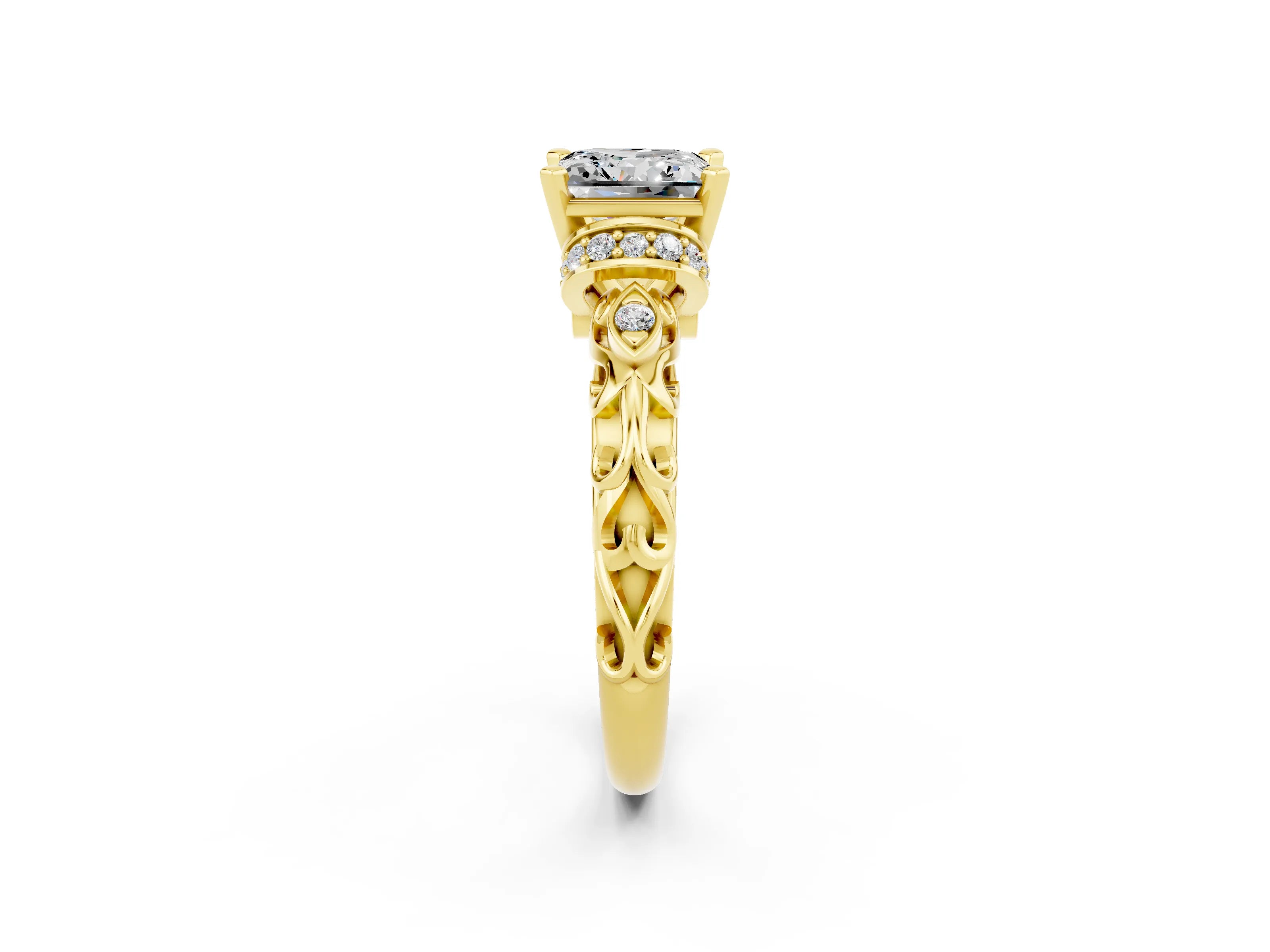 Yellow gold Princess Cut Moissanite Solitaire Ring with Filigree Band and Four-Prong Setting_26