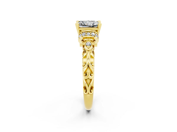 Yellow gold Princess Cut Moissanite Solitaire Ring with Filigree Band and Four-Prong Setting