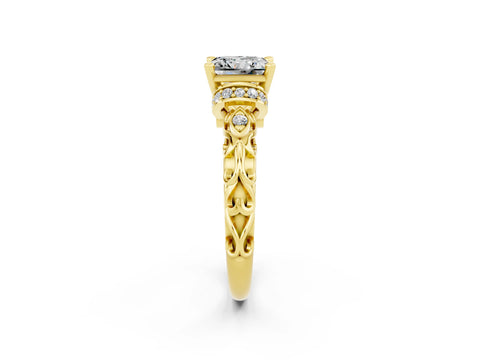 Yellow gold Princess Cut Moissanite Solitaire Ring with Filigree Band and Four-Prong Setting_26