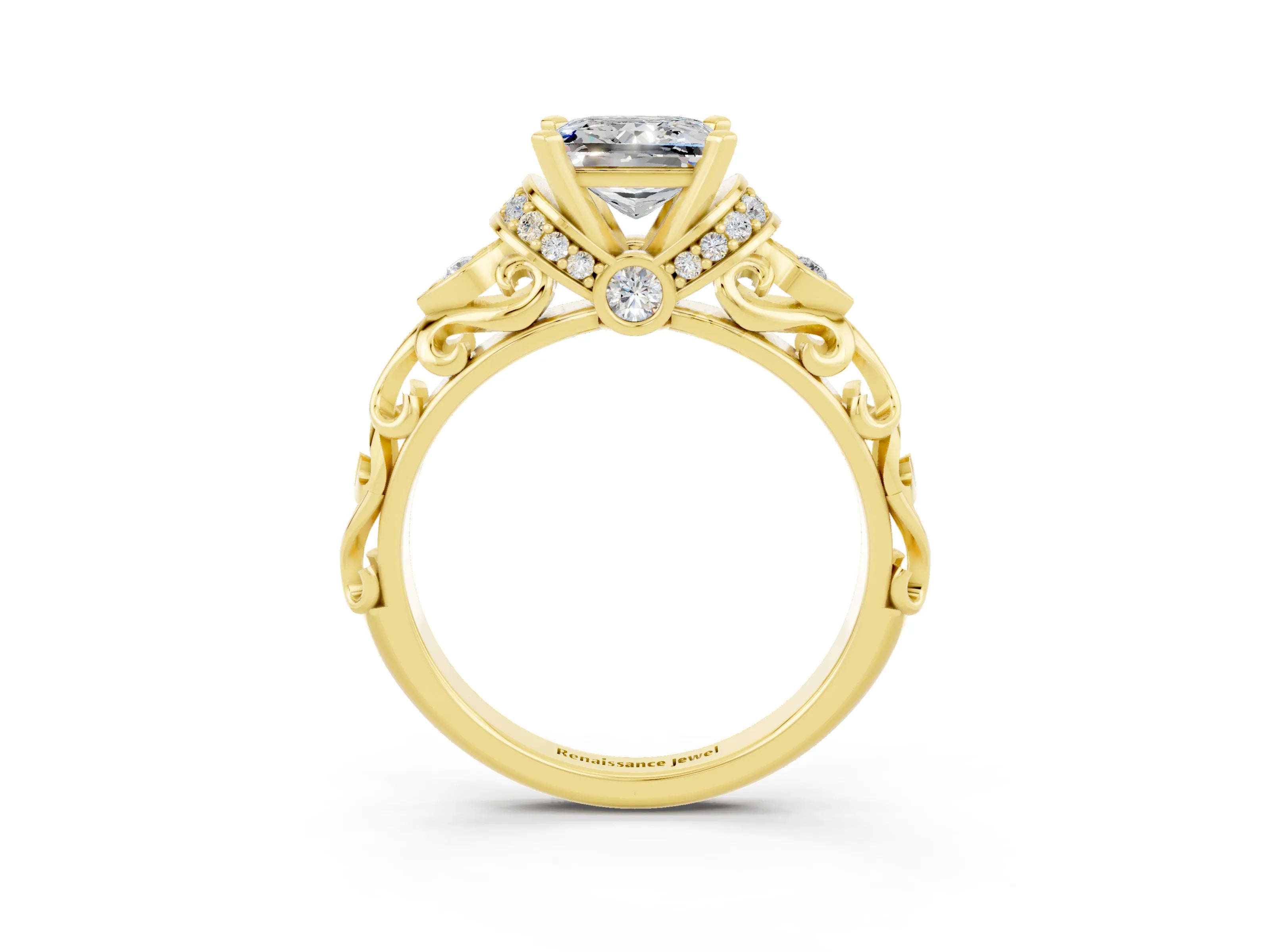 Yellow gold Princess Cut Moissanite Solitaire Ring with Filigree Band and Four-Prong Setting_27